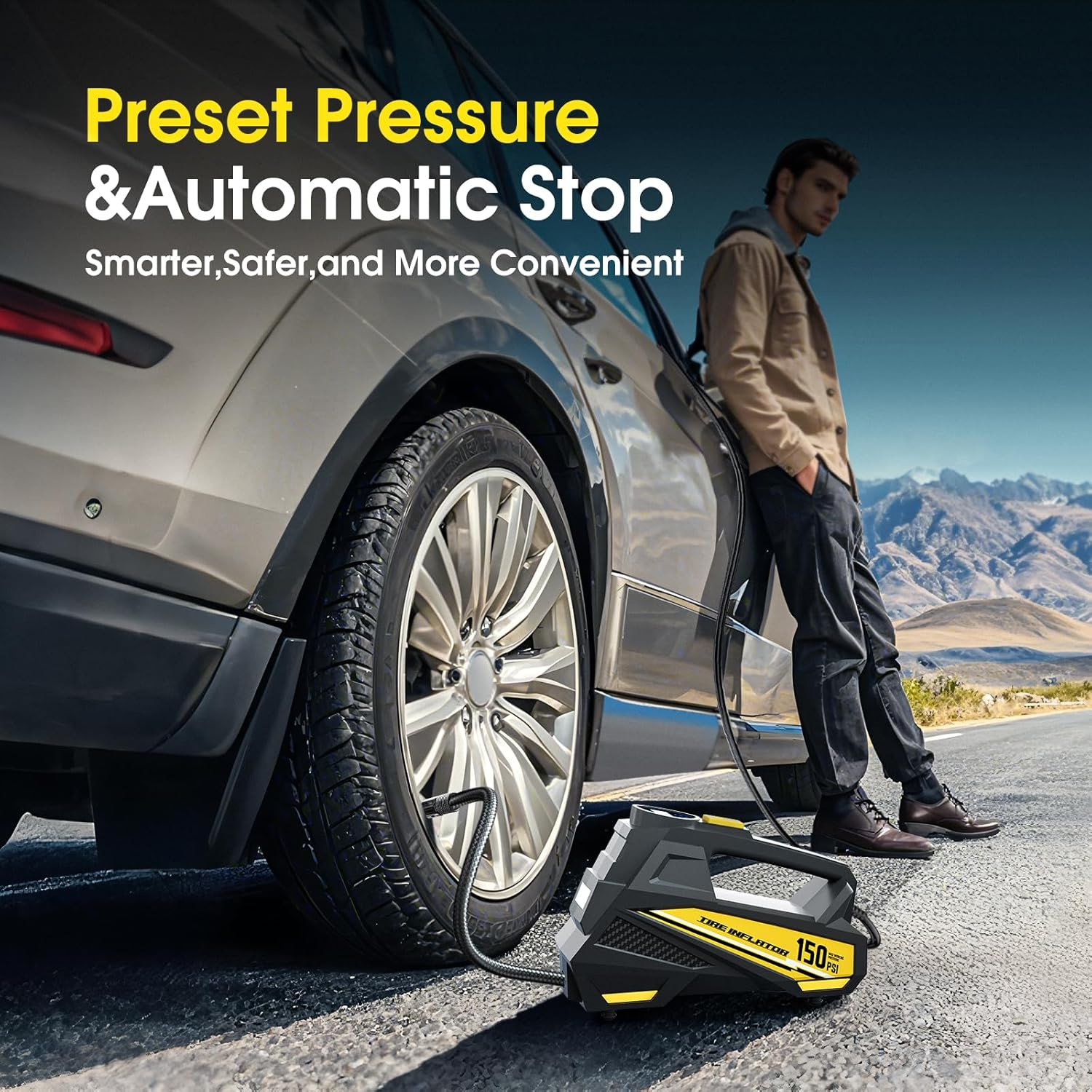 Portable Car Tyre Inflator Air Compressor DC 12V with 150PSI LCD Digital Display and LED Emergency Light, Automatic Tyre Pump image number 3