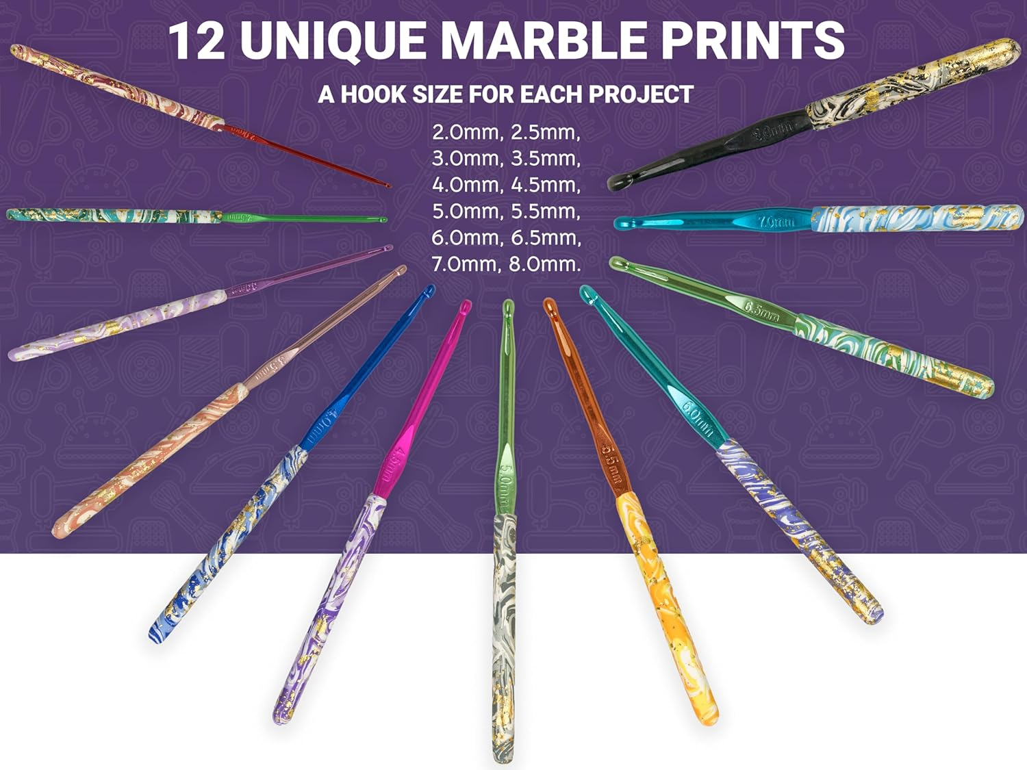 The Quilted Bear Crochet Hook Set - Premium Soft Grip Marble Print Crochet Hooks with Ergonomic Polymer Clay Handle 12 Hook Set (2Mm, 2.5Mm, 3Mm, 3.5Mm, 4Mm, 4.5Mm, 5Mm, 5.5Mm, 6Mm, 6.5Mm, 7Mm & 8Mm)