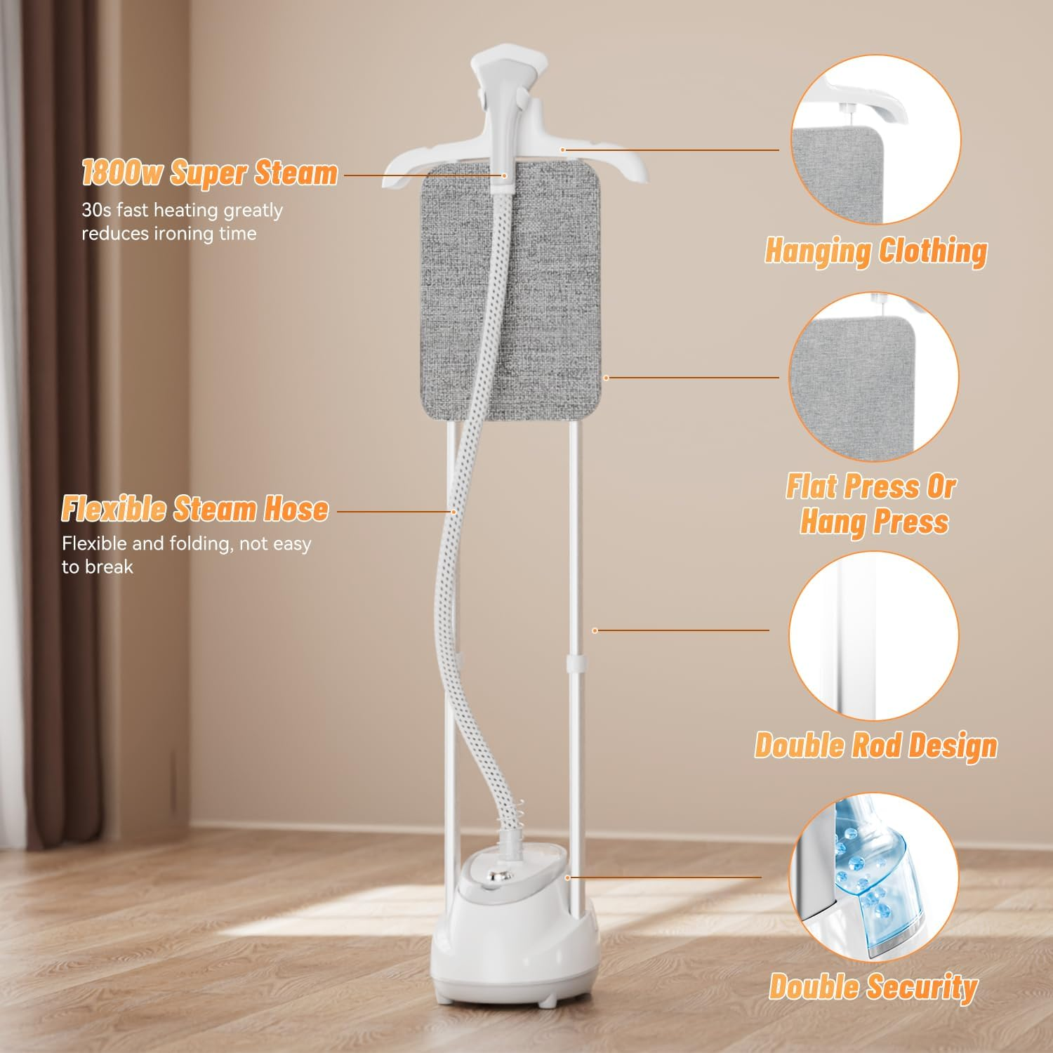 Shanghigh Stand Garment Steamer for Clothes - 1800W Steamers with Adjustable Double Rod, Flat and Hanging Ironing with 1.6L Water Tank, 30S Fast Heat-Up, Wrinkle Remover with 10 Iron Modes for Home image number 3