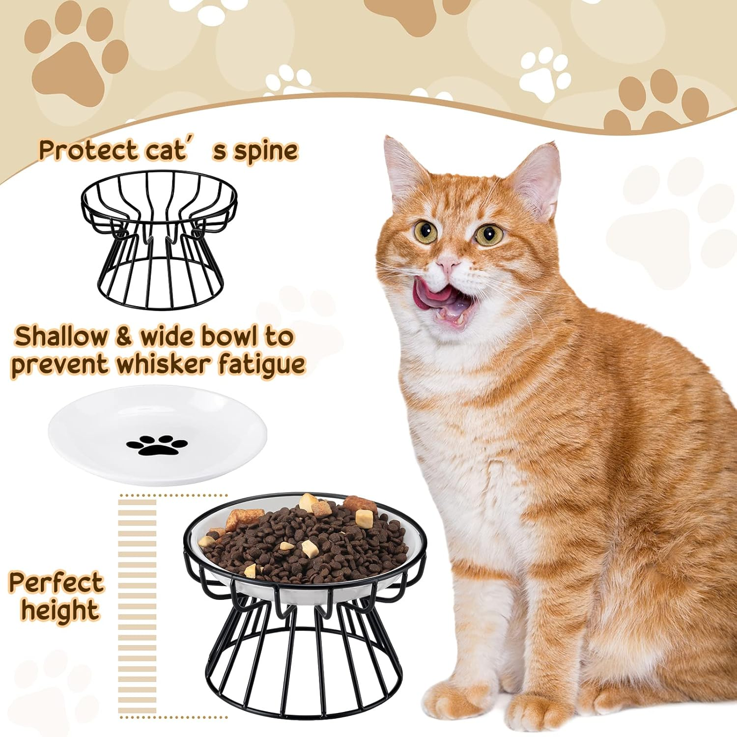 Roshtia 4 Sets Elevated Cat Bowls Ceramic Raised Cat Food Bowls with Metal Stand Dishwasher Safe Dishes Non Slip Elevated Food Plate(Black,Paw) image number 3