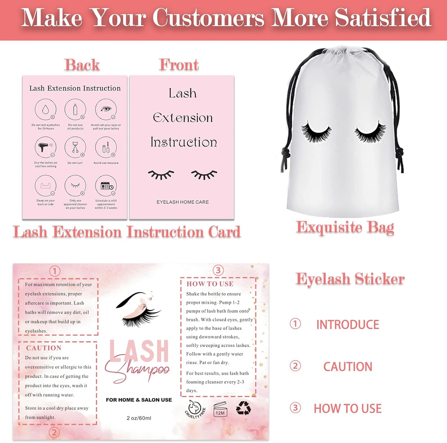60PCS Lash Shampoo Bottles and Brushes Set, 10Pcs Foam Pump Dispenser, Lash Cleaning Brush, Eyelash Extension Tube Brush, Instructions Cards, Bags, Lash Shampoo Stickers for Business Clients (B-White)
