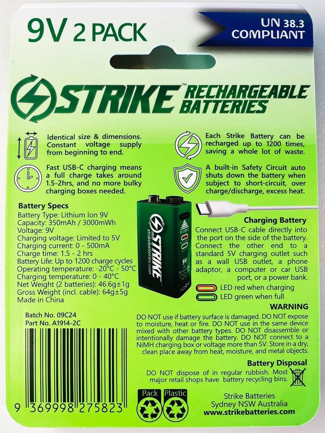 9V Battery Lithium Ion 2 Pack Smart LED 9V 3000Mwh USB-C Rechargeable with Charging Cable, No Charging Box Needed! image number 4