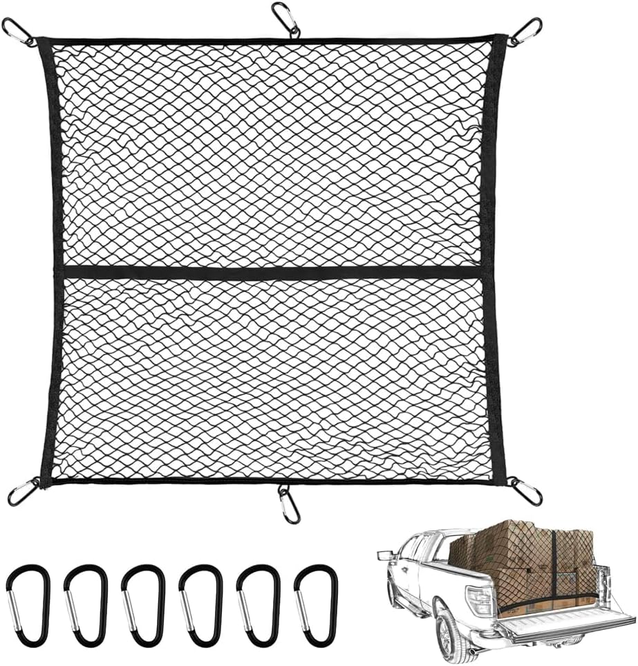Cargo Net for SUV Pickup Truck Bed 4'X4&rsquo; Stretches to 7&lsquo;X 7&rsquo; with 6Pcs Metal Carabiner Single Layer Durable Highly Stretchable Elastic Mesh, Auto Storage Accessories,Universal for Vehicles image number 6