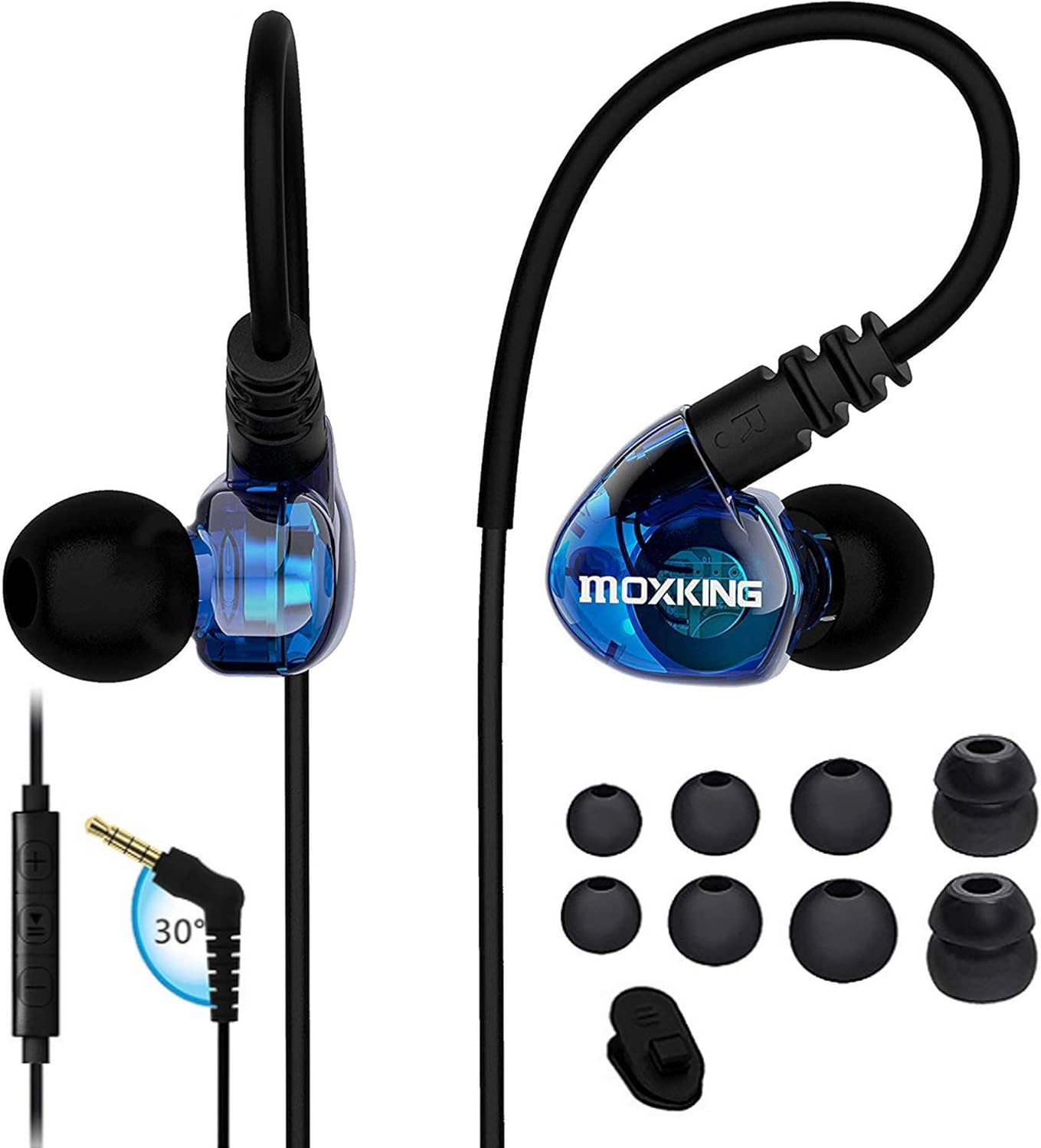 MOXKING Running Sports Earbud Headphones Wired over Ear in Ear Headsets Noise Isolation Waterproof Earbuds Enhanced Bass Stereo Earphones with Microphone and Remote for Running Jogging Gym (Blue) image number 2