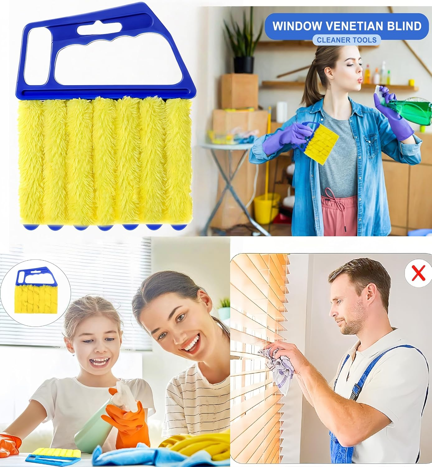 Blue Handheld Mini Blinds Cleaner Shutters, Curtain Brush Dust Remover Orange with 7 Removable Microfiber Sleeves, Air Conditioning Home Gadgets, Car Vents, Fan Shutters (Blue, with 7 Blades) - Orange image number 4