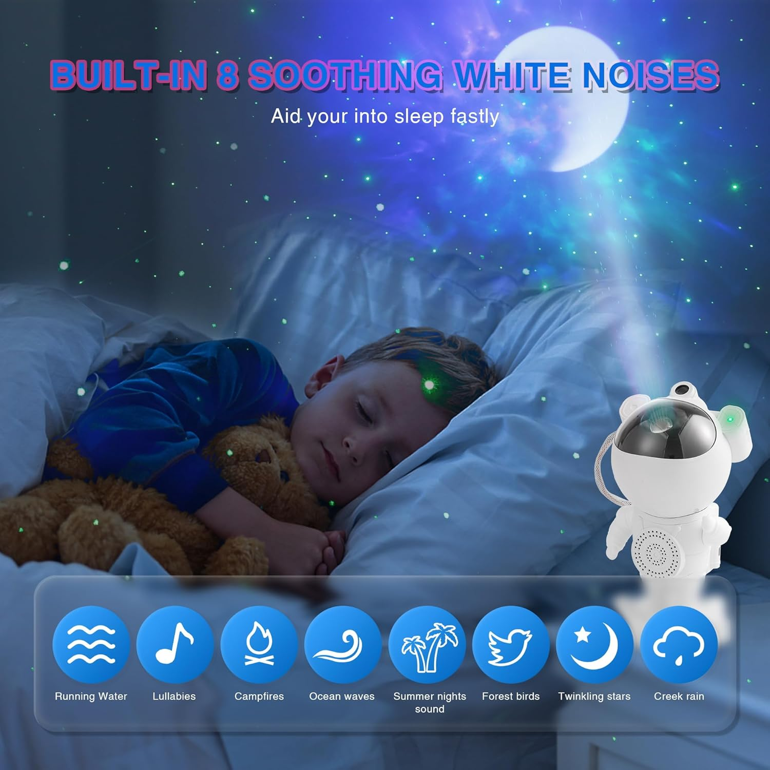 Star Projector Galaxy Light with Bluetooth Speaker,9 Nebula Effects & 8 Natural Sounds,360&deg; Rotation Astronaut Space Night Light with Remote and Timer for Kids Adults Bedroom Decor image number 5