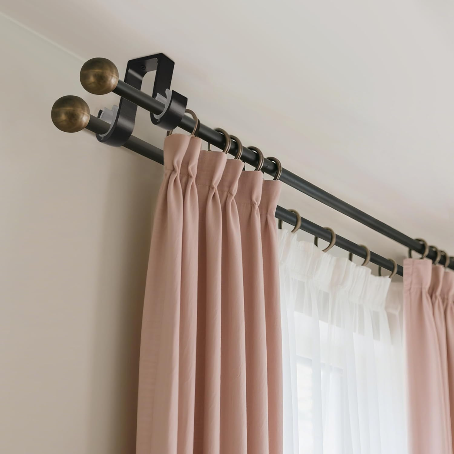 Curtain Rod Brackets 2Pcs - Aluminum Alloy Ceiling Mounted Double Curtain Rod Brackets Black - Black image number 6