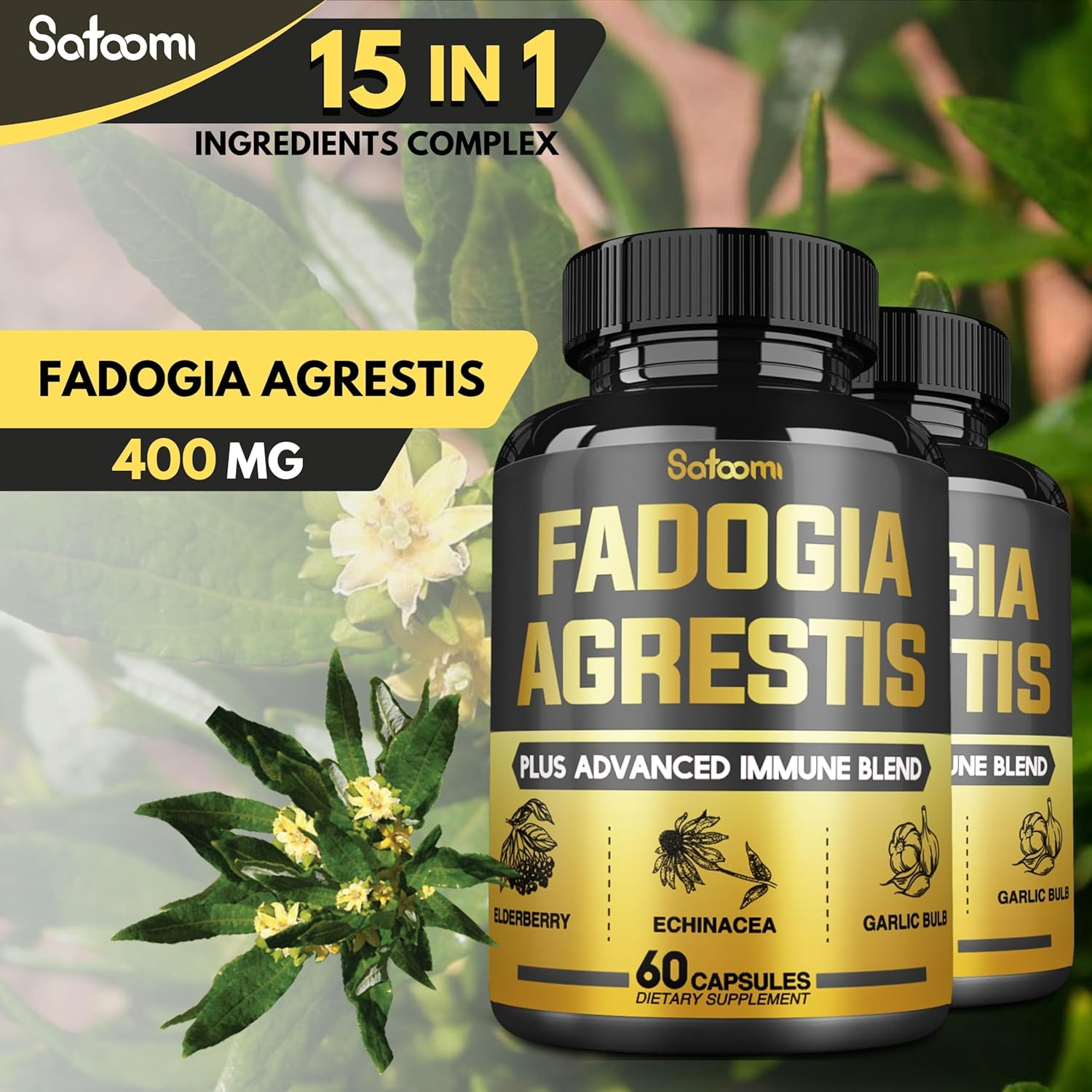 SATOOMI 15In1 Fadogia Agrestis Supplement - Tongkat Ali Root, Shilajit, Black Peper, Elderberry & More - 2 Packs 60 Caps for 2 Months image number 6