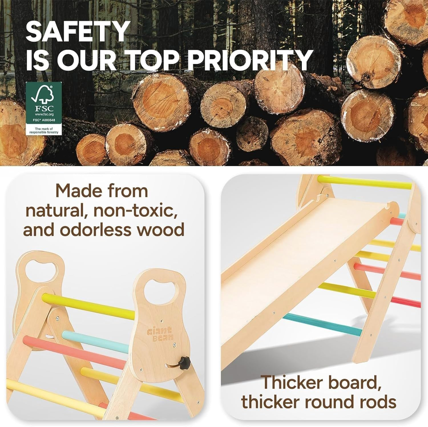 Pikler Triangle Set 7In1 Foldable Baby Climbing Toys Wooden Montessori Climbing Set with Arch&Ramp&Ladder Baby Climber Indoor Jungle Gyms for Toddlers Montessori Toys - Rainbow (Rainbow) image number 5