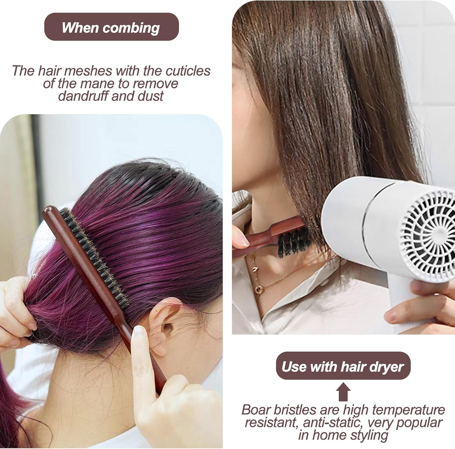 Sularpek Teasing Hair Brush,Back Hair Brush,Boar Bristle Hair Brush with Tail Handle,For Long Thick Curly Wavy Dry or Damaged Hair Reducing Hair Breakage image number 4