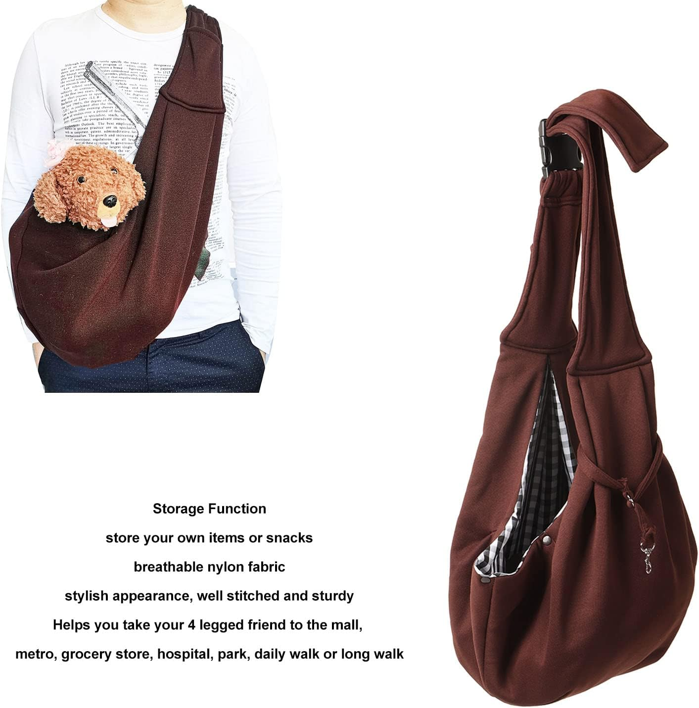 Dog and Cat Sling Carrier Pocket Adjustable Strap, Dog Sling Carrier Hand Free Fashionable Breathable Portable Dog Shoulder Strap Carrier for Outdoor Park Daily Walk