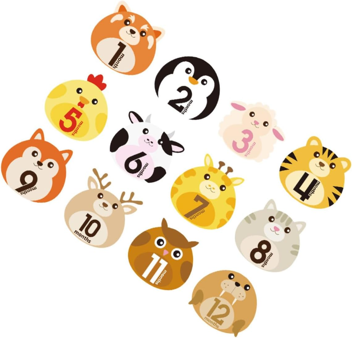 Bestonzon 12 Sheets Monthly Milestone Stickers Self-Adhesive Animal Design Decals for Newborn Belly Photo Props Reusable Growth Tracking
