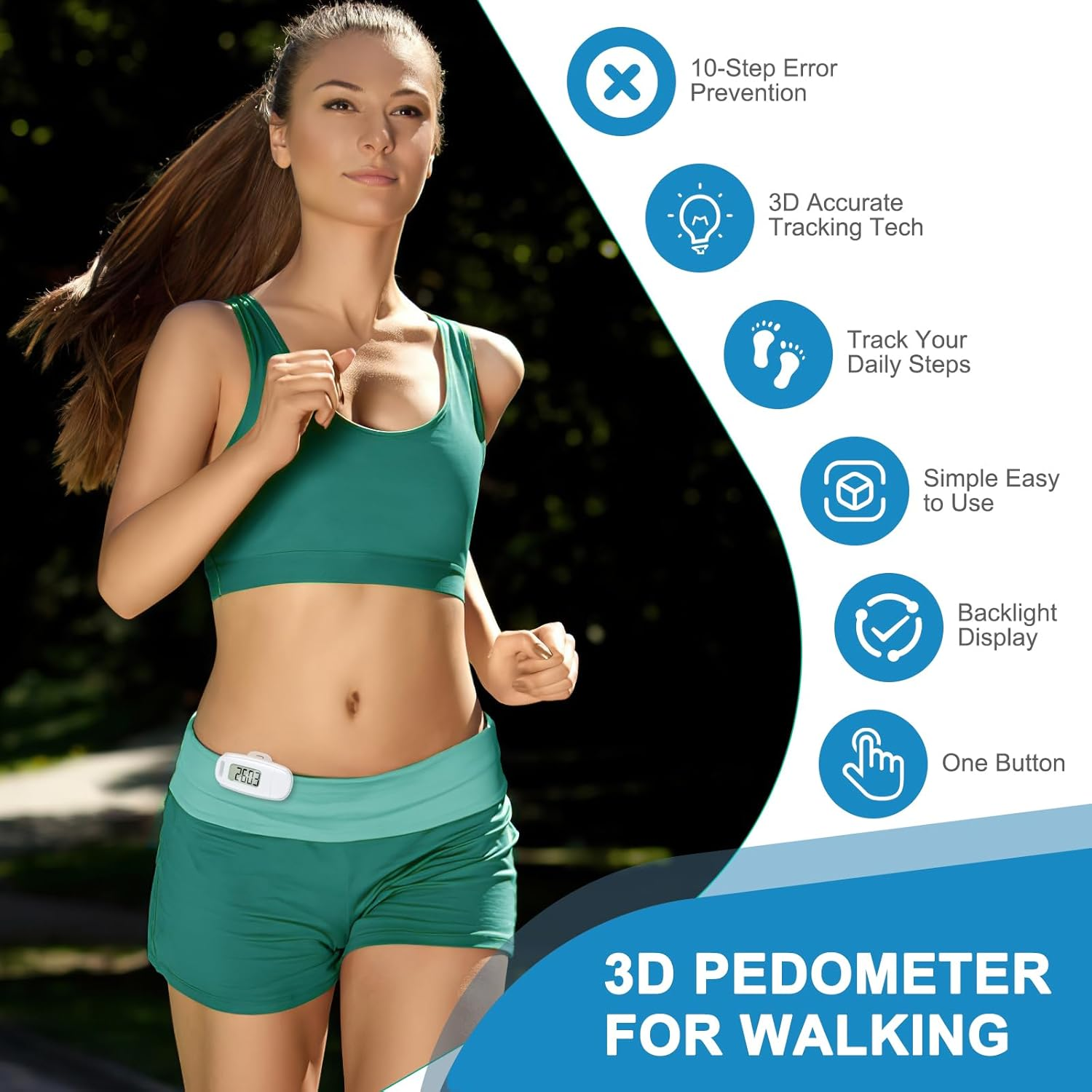 AMIR 3D Walking Pedometer with LED Backlight, Portable Sports Step Counter with Detachable Clips and Lanyard, USB Charging, Track Steps in Real Time, Accurately Pedometer for Seniors Men Women, Kids image number 2