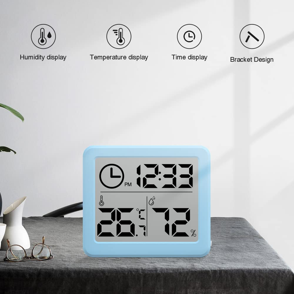 [2 Pack] 3.2 Inch Digital Indoor Hygrometer Thermometer, Room Thermometer Humidity Gauge with Time Clock, High Accuracy Temperature Humidity Monitor with Magnet for Home Office Greenhouse, Blue
