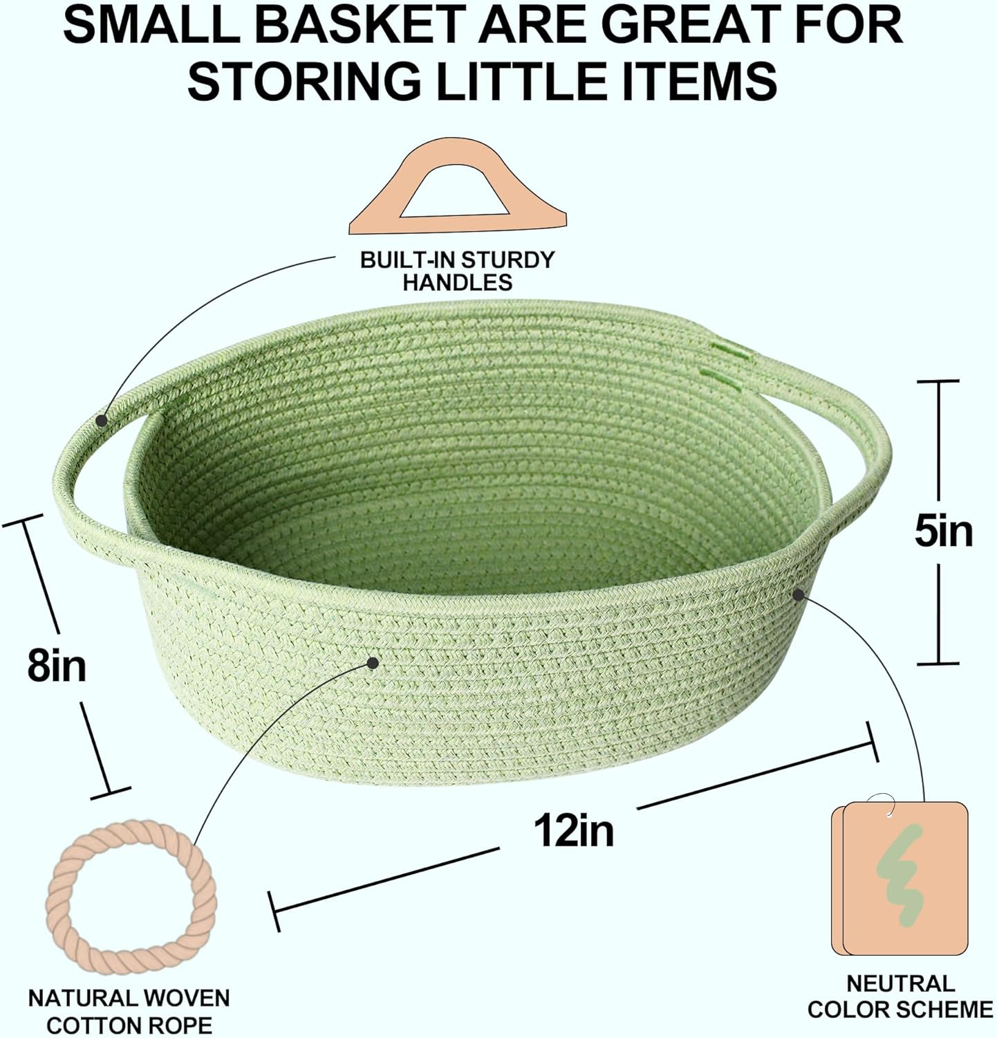 Small Woven Gift Basket, Baskets for Gifts Empty, Cotton Rope Cat Dog Toy Bin Box, Nursery Baby Basket, Wicker Basket with Handles, Shelf Storage Basket for Home Decor, Green, 12"X 8"X 5" image number 3