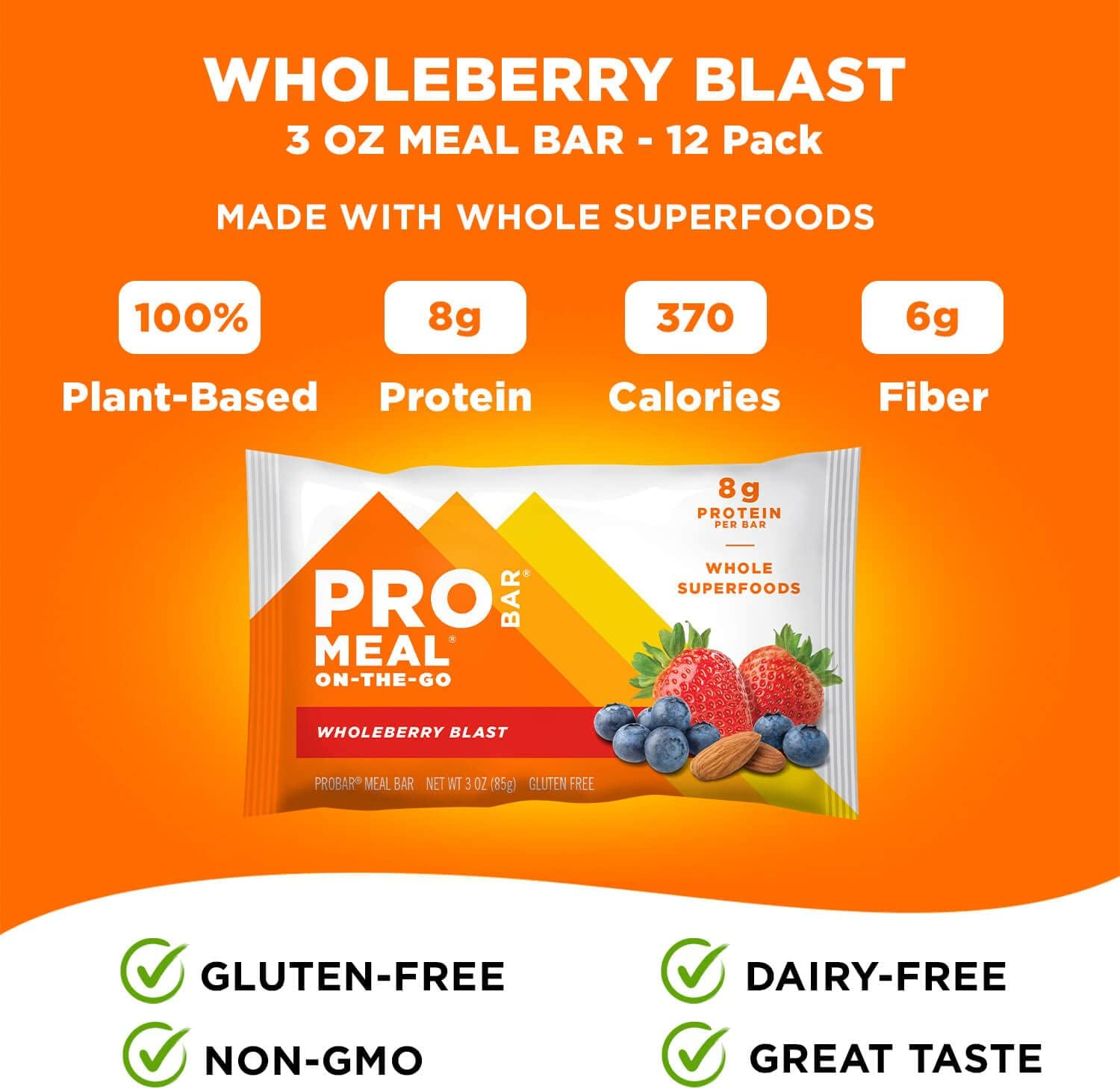 PROBAR - Meal Bar - Wholeberry Blast - 8G Protein, 5G Fiber, & Non-Gmo - Pack of 12