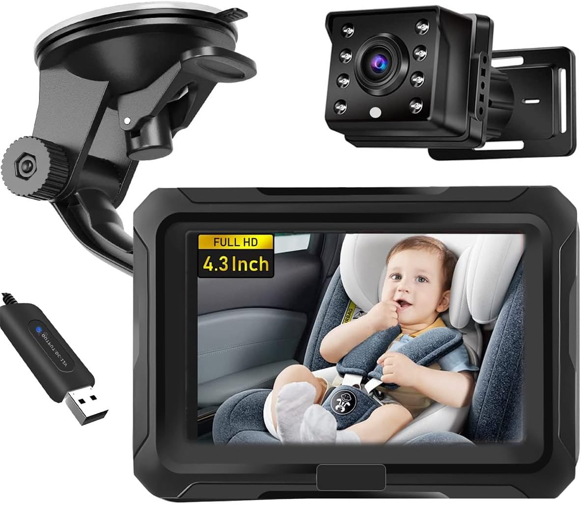 Baby Car Monitor, 1080P HD Night Vision Camera with 4.3-Inch LCD Display, Rear-Facing Car Seat Monitor for Safe Driving, Wide-Angle Digital Video Infant Camera