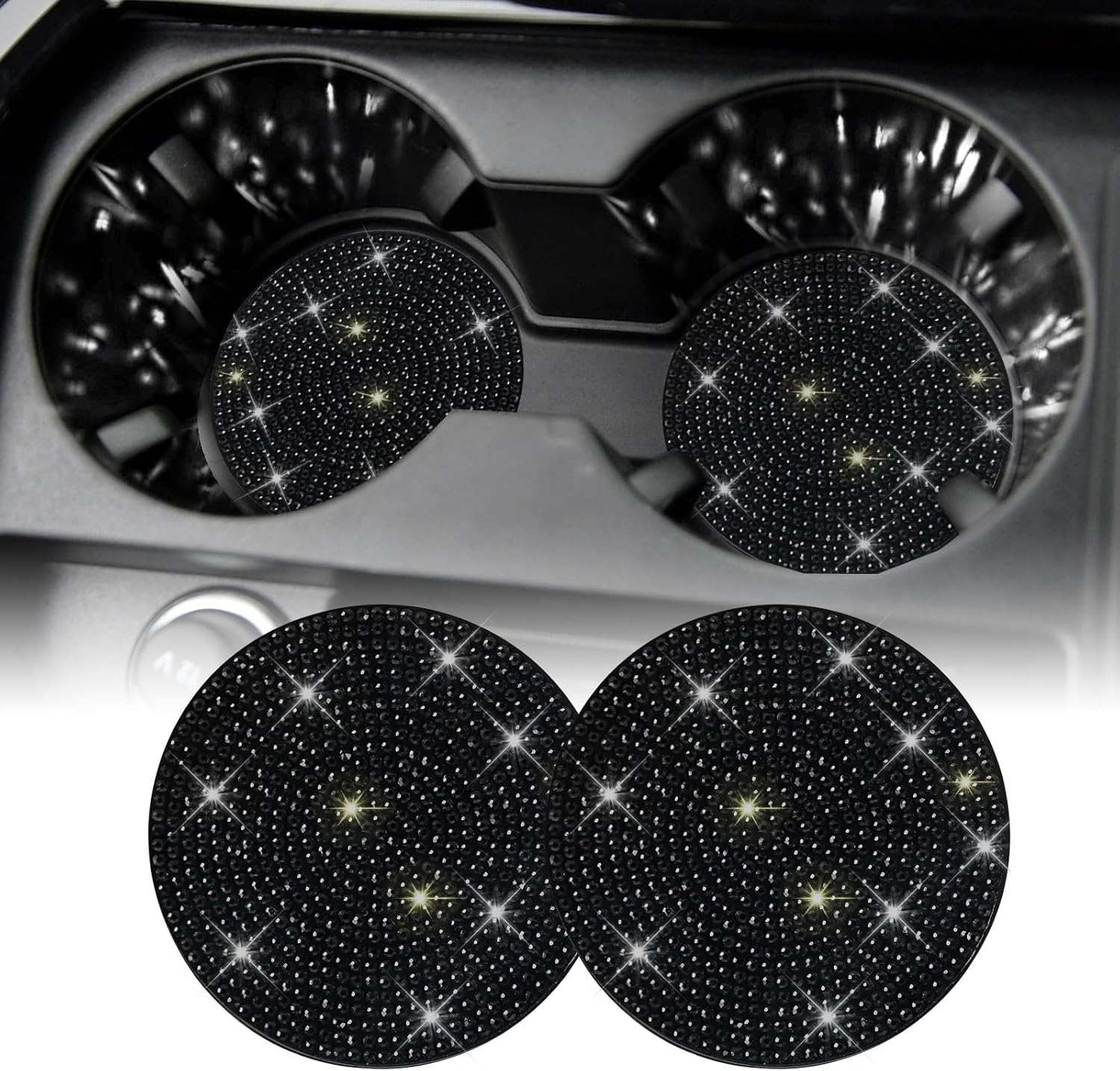 SINGARO Bling Cup Holder Coasters for Car, 2PCS Universal Non-Slip Cup Holder, Embedded Decorative Coasters, Shiny Crystal Car Interior Accessories Gifts for Women (Black)