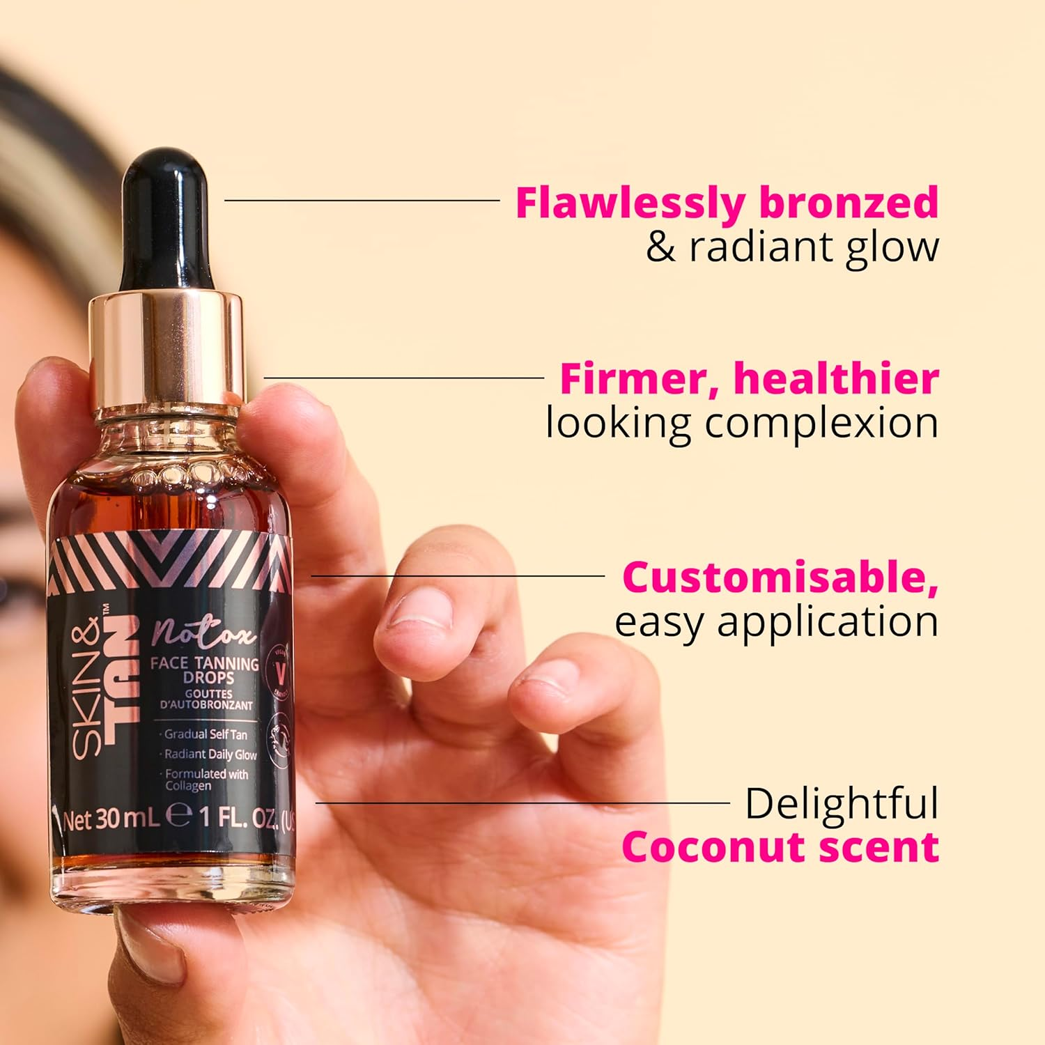 Skinny Tan Face Tan Notox Moisturising Face Tanning Drops - Gradual Fake Tan Face Serum with Vegan Collagen, Cruelty-Free, Paraben Free & Vegan Skincare - Dark Self Tan, 30Ml image number 6