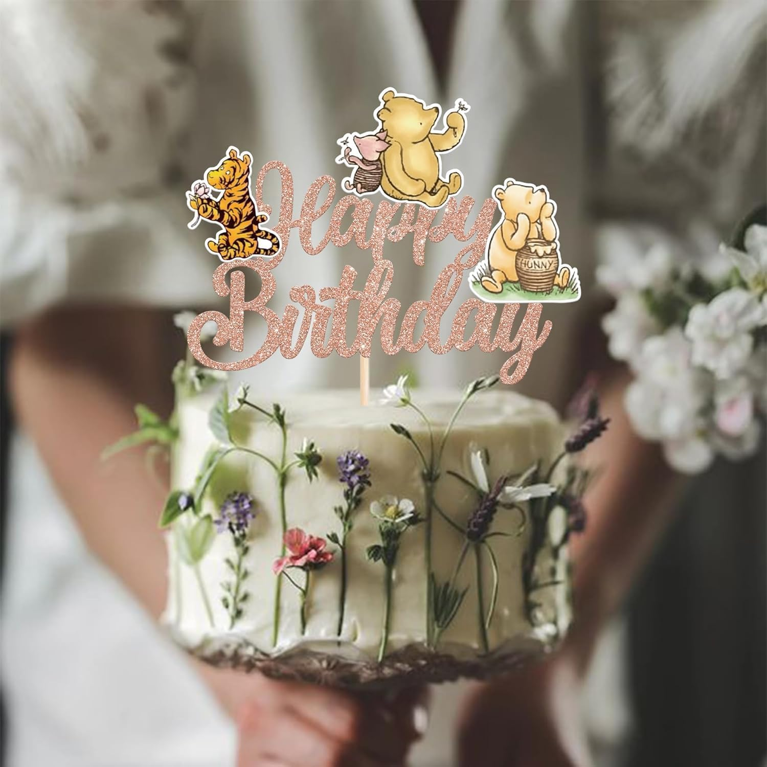 SYKYCTCY 1 Pack Winnie Happy Birthday Cake Topper Glitter Classic Birthday Cake Pick Cute Winnie Bear Cake Decorations for Baby Shower Bridal Shower Kids Birthday Party Supplies (Rosegold) - Rosegold image number 6