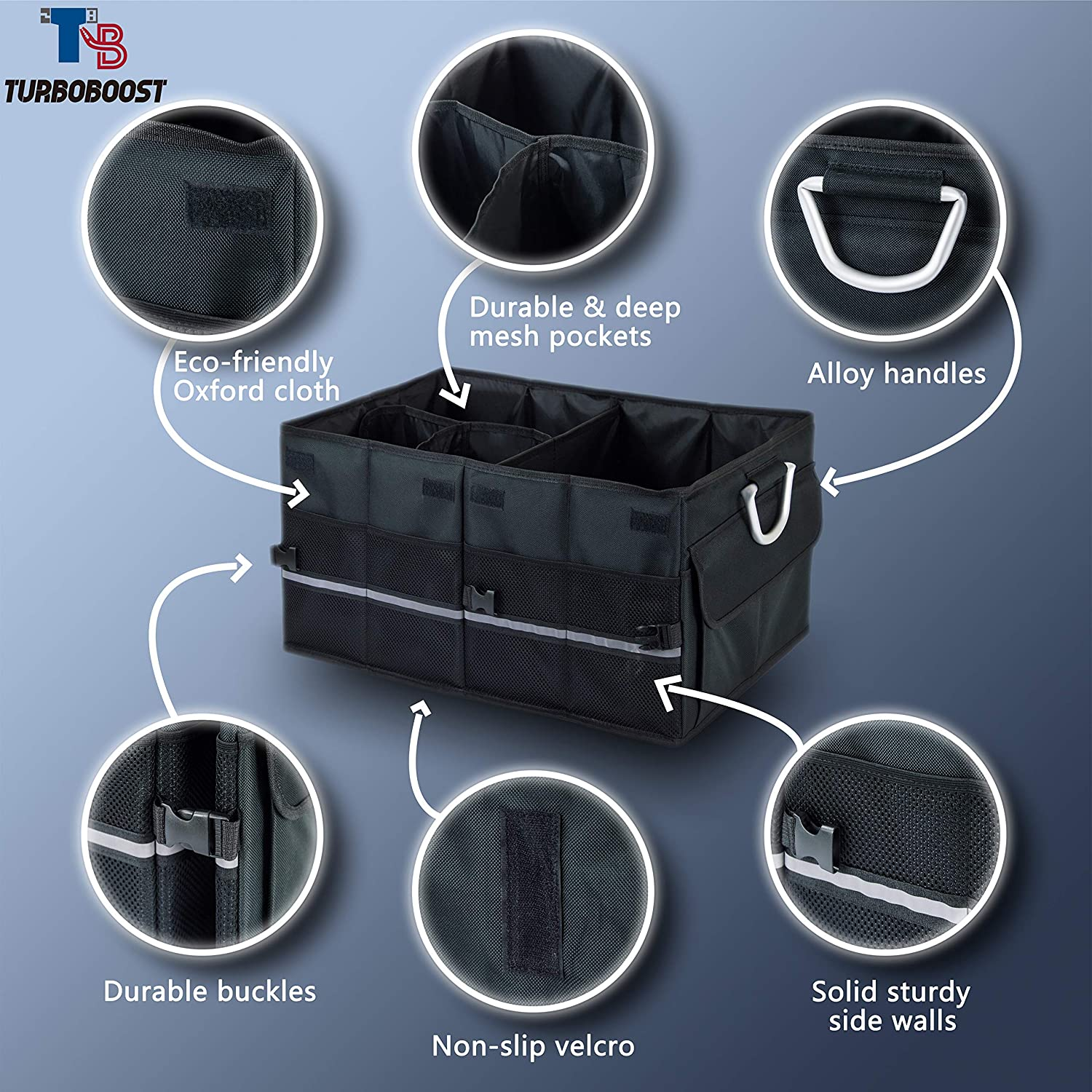 Turboboost Car Organizer - Accessories, Storage Bag, Tissue Box, Trunk Organiser, Durable SUV Cargo Organiser, Adjustable Tidy Organization (Black) image number 2