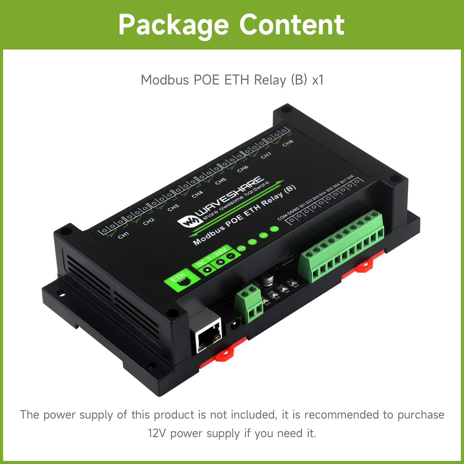 Waveshare 8-Ch Ethernet Relay Module (B) with Digital Input, Modbus Rtu/Modbus TCP Protocol, Poe Port Communication, with Various Isolation and Protection Circuits, Industrial Grade Rail-Mount Case image number 2