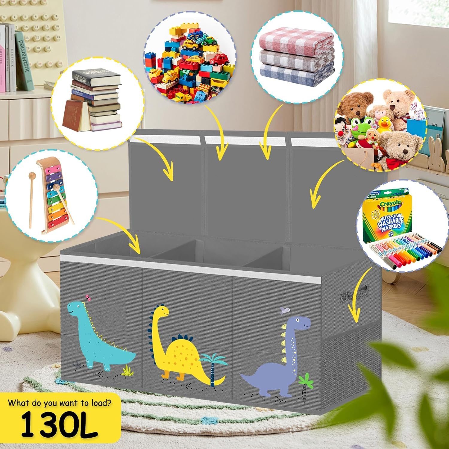 VERONLY Extra Large Toy Box Storage for Boys Girls - Collapsible Toy Chest Organizer for Kids,Toy Bin Container with Lid and Handles for Clothes, Nursery, Playroom, Bedroom,Stuffed Animals,Quilt(Grey) image number 1