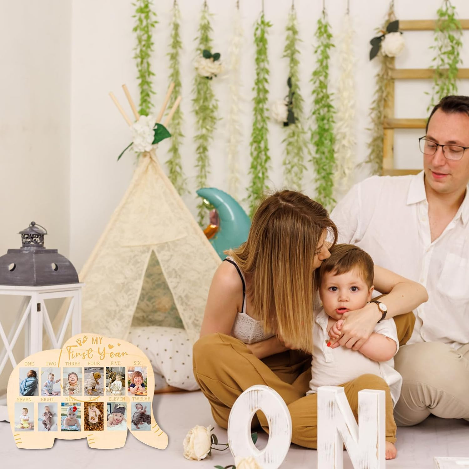My First Year Photo Frame, Wooden 1St Birthday Picture Board 12 Months Baby Photo Display Elephant Shape Nursery Decoration Boys Girls Newborn Baby Mom Memories image number 3