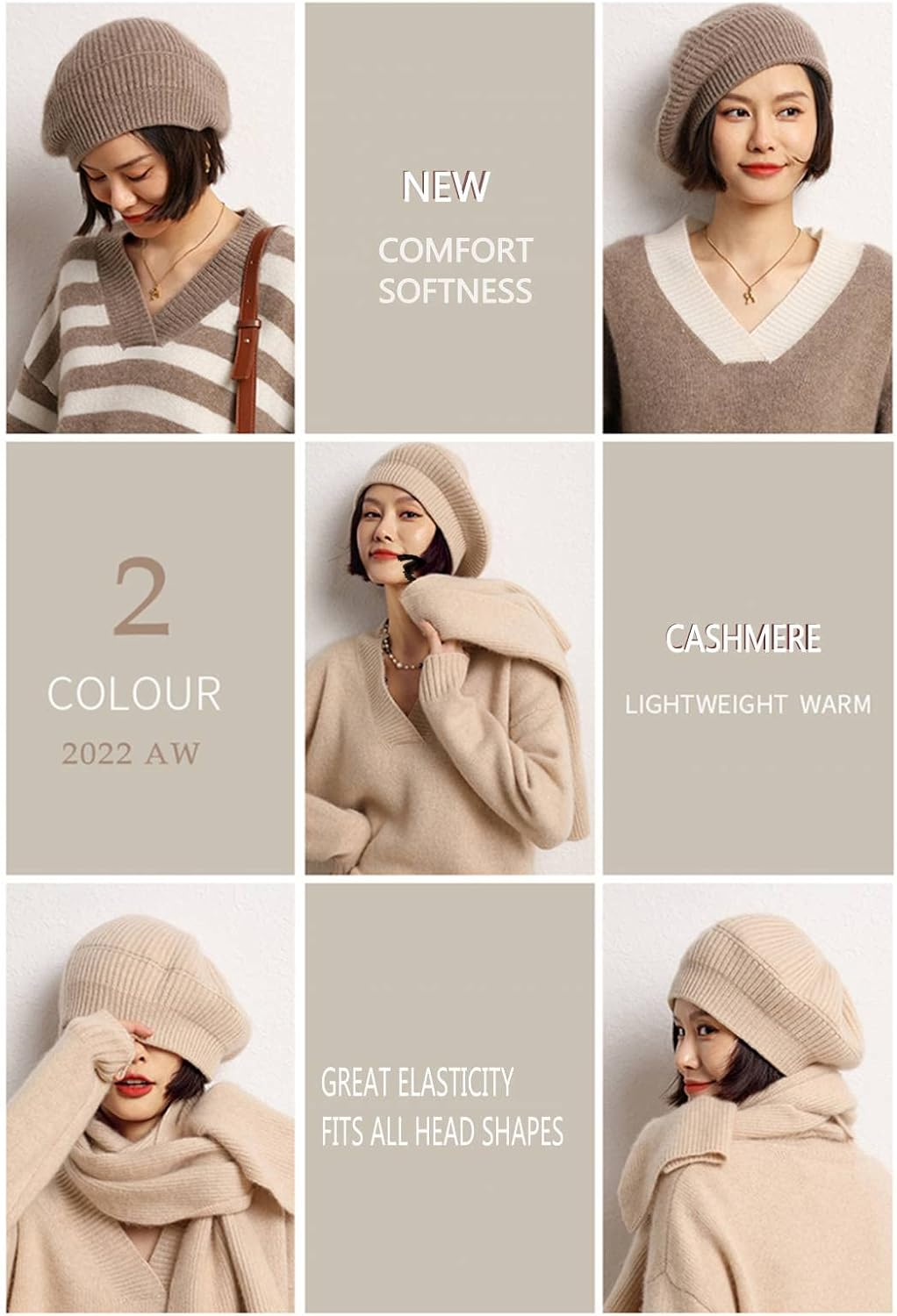 Cashmere Berets Hats Women Winter Warm Merino Wool Knitted Oversized Beige Beanie image number 2