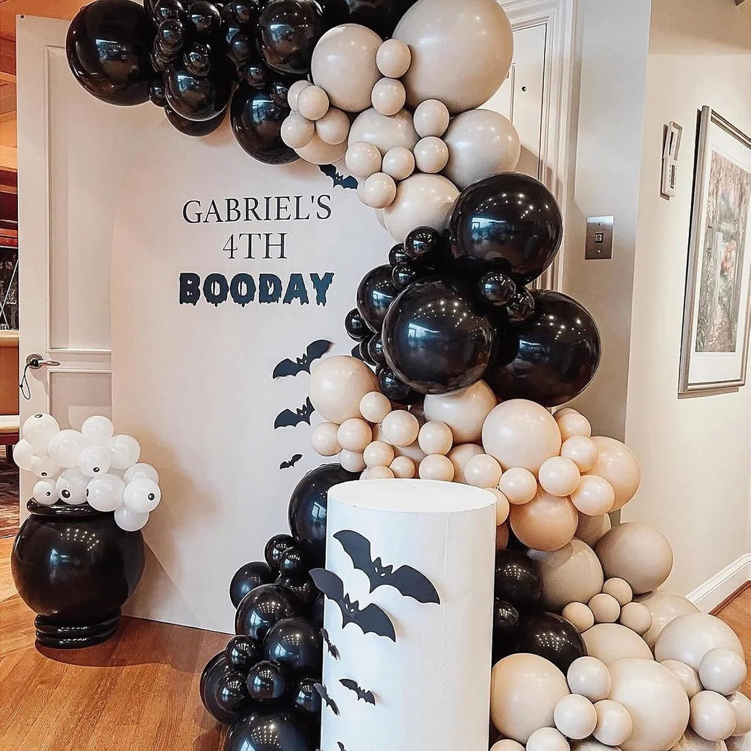 FOTIOMRG Black Balloons 12 Inch, 50 Pack Latex Party Helium Quality for Birthday Graduation Baby Shower Halloween Father'S Day Decorations (With Ribbon) Gold,White image number 4