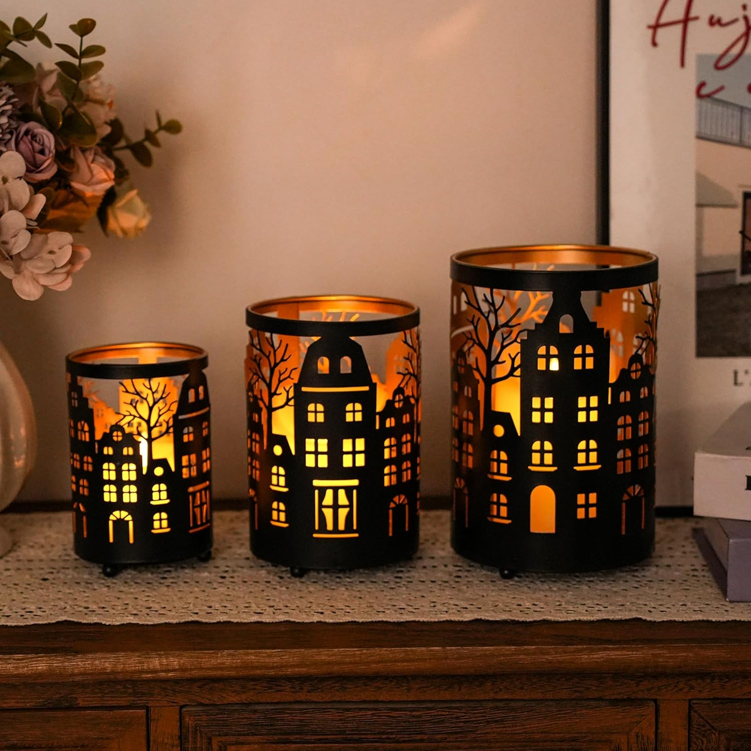 TRIROCKS Set of 3 Metal Candle Lanterns, Decorative Tealight Holders with Cutout House & Tree Design, Wind Lights for Indoor Outdoor Decor（Black Brushed Gold） image number 5
