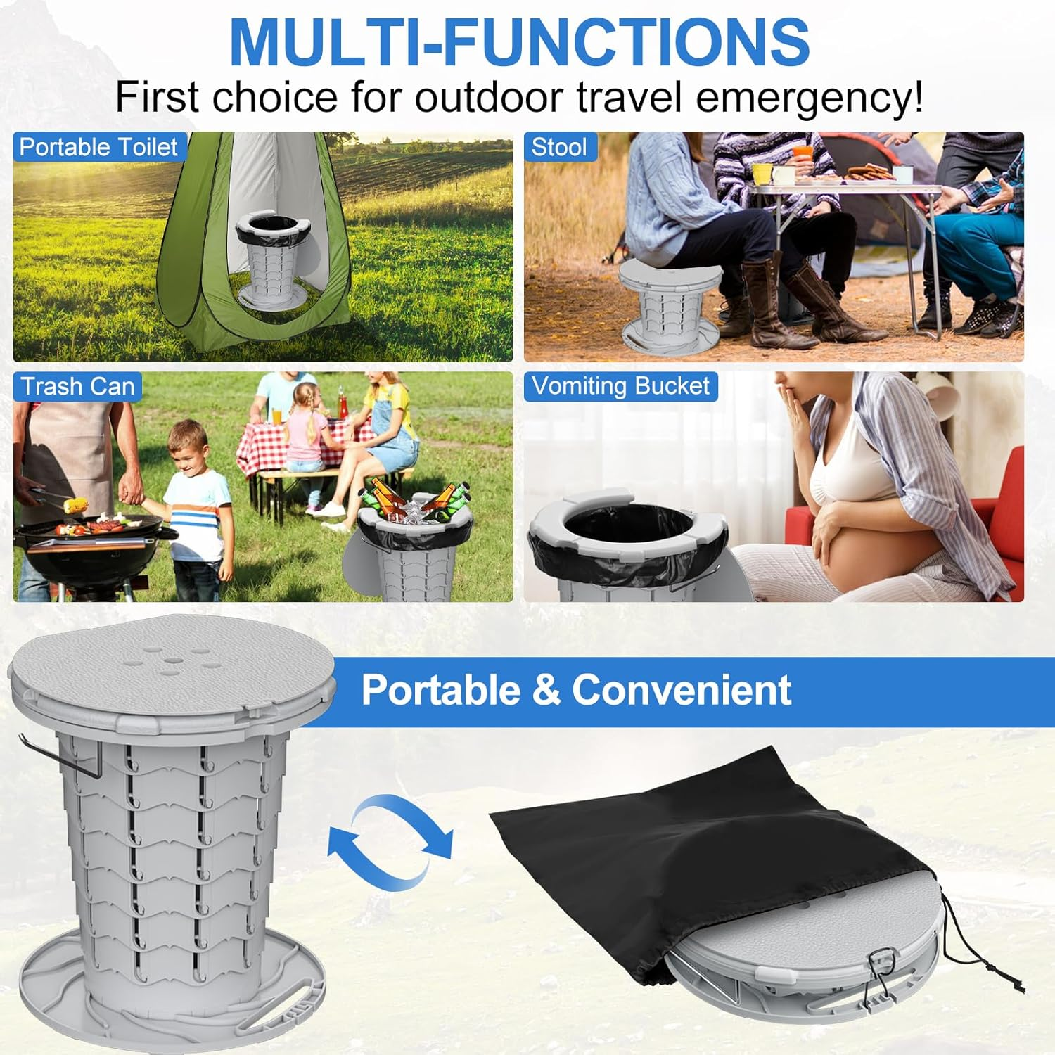 BLIKA Upgraded Portable Toilet with Cushioned Seat, 300LBS Weight Capacity Retractable Toilet, Adjustable Height & Paper Holder, Compact Folding Design for Camping, Car, RV, Outdoor Travel (Gray) image number 2