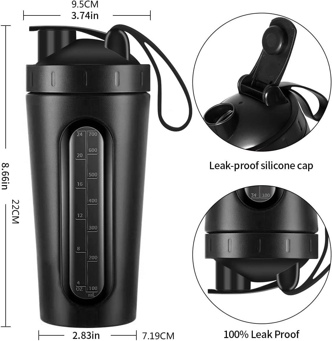 Protein Shaker Bottle, 700Ml Stainless Steel Bottle with Visible Window, Bpa-Free, Leak-Proof Design (Black) image number 5