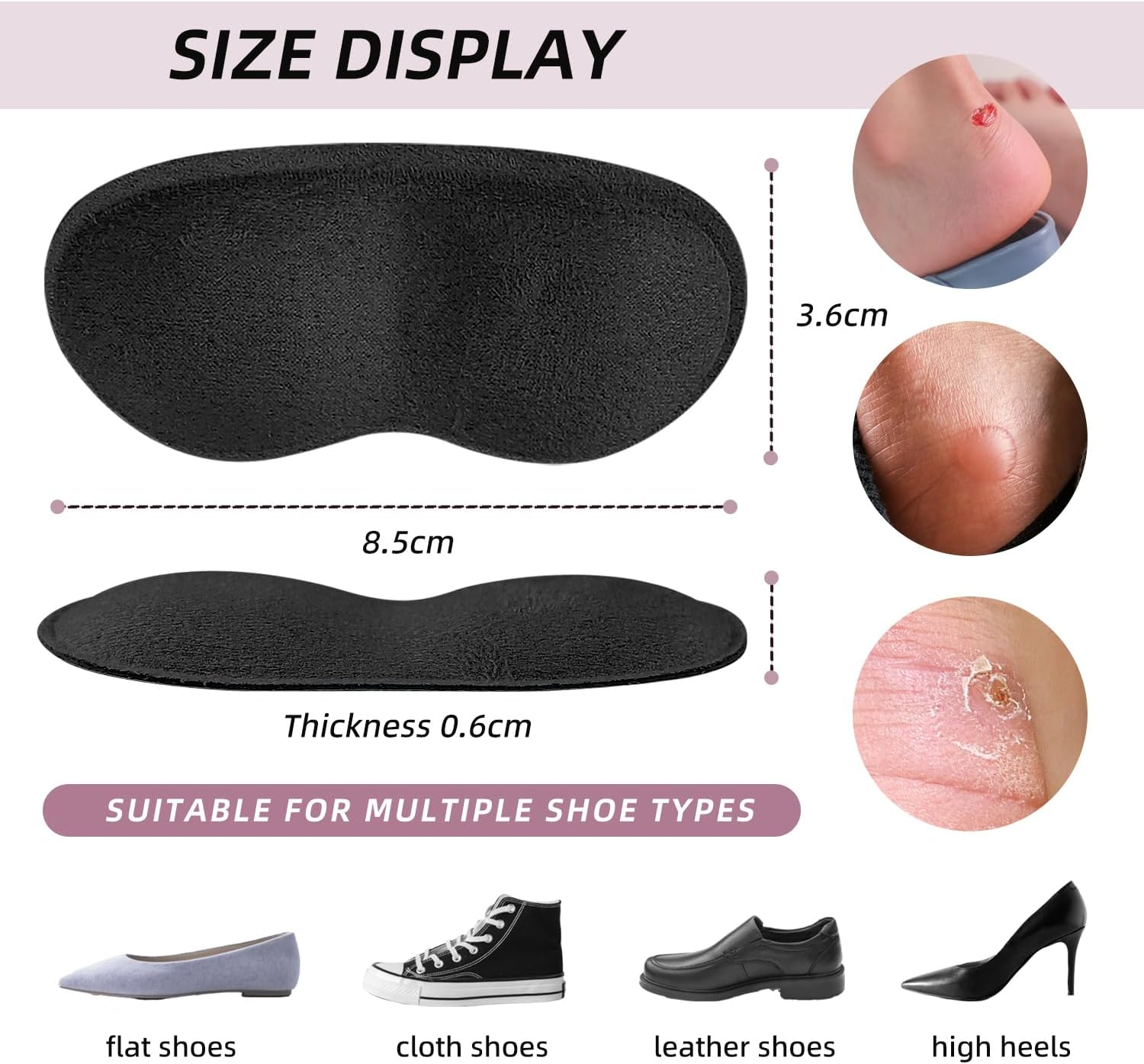 Heel Grips for Shoes That Are Too Big - Shoe Inserts for Women & Men, Non-Slip Heel Pads with Cushioning, Blister Prevention Liner for Loose Shoes, Gap Filler Comfort Accessories (Black, 4 Pairs) image number 3