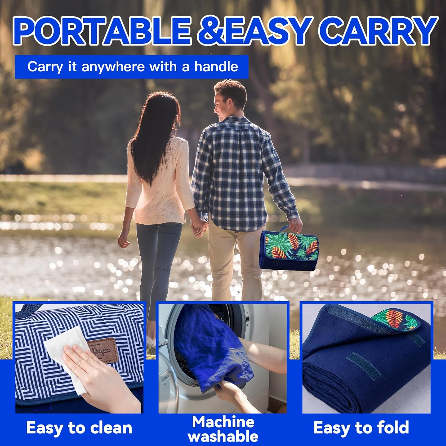 Lazy Dayz Fleece Picnic Rug Portable Outdoor Camping Mat Durable Fabric Foldable Waterproof Large Size Lightweight Beach Mat W/Carry Strap image number 3