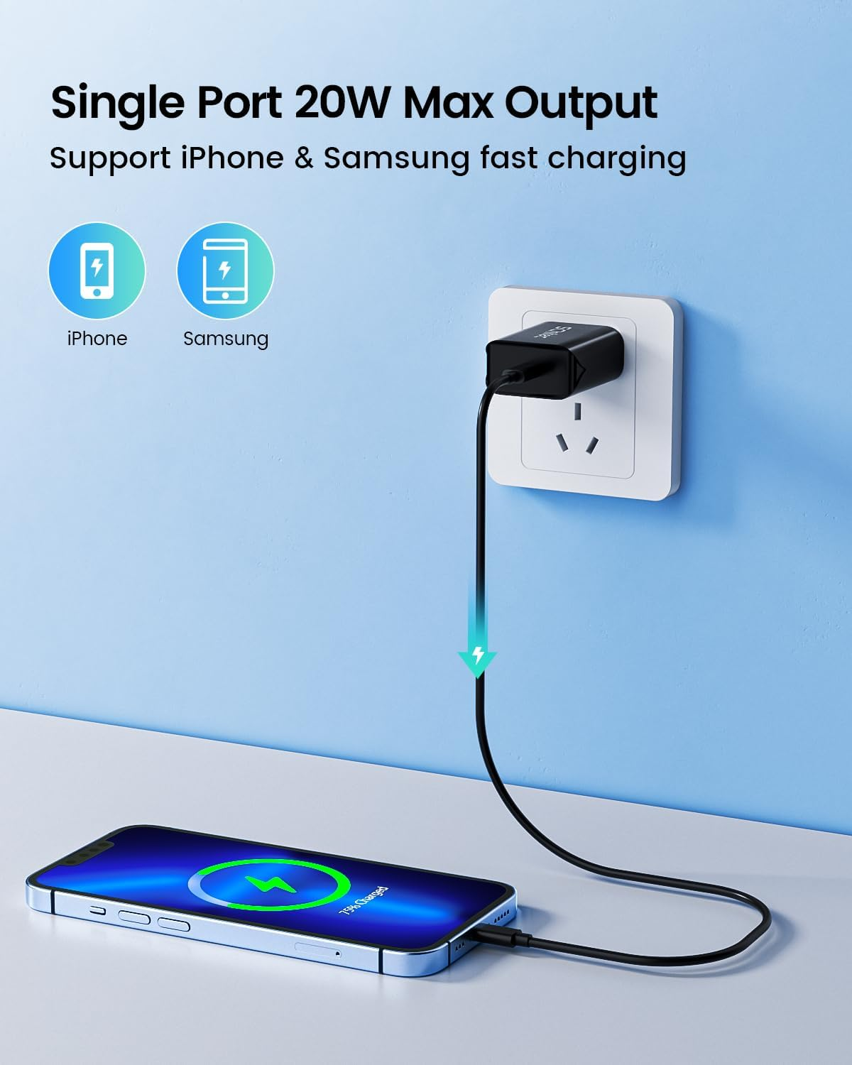 2-Pack SCHITEC 20W USB-C Charger with 1 M USB-C Cable, PD 3.0 Fast Wall Adapter, Compatible with Iphone 15/16/16 Pro Max, Ipad, Galaxy S25, Pixel 10 Pro, Galaxy A56(Black) image number 6