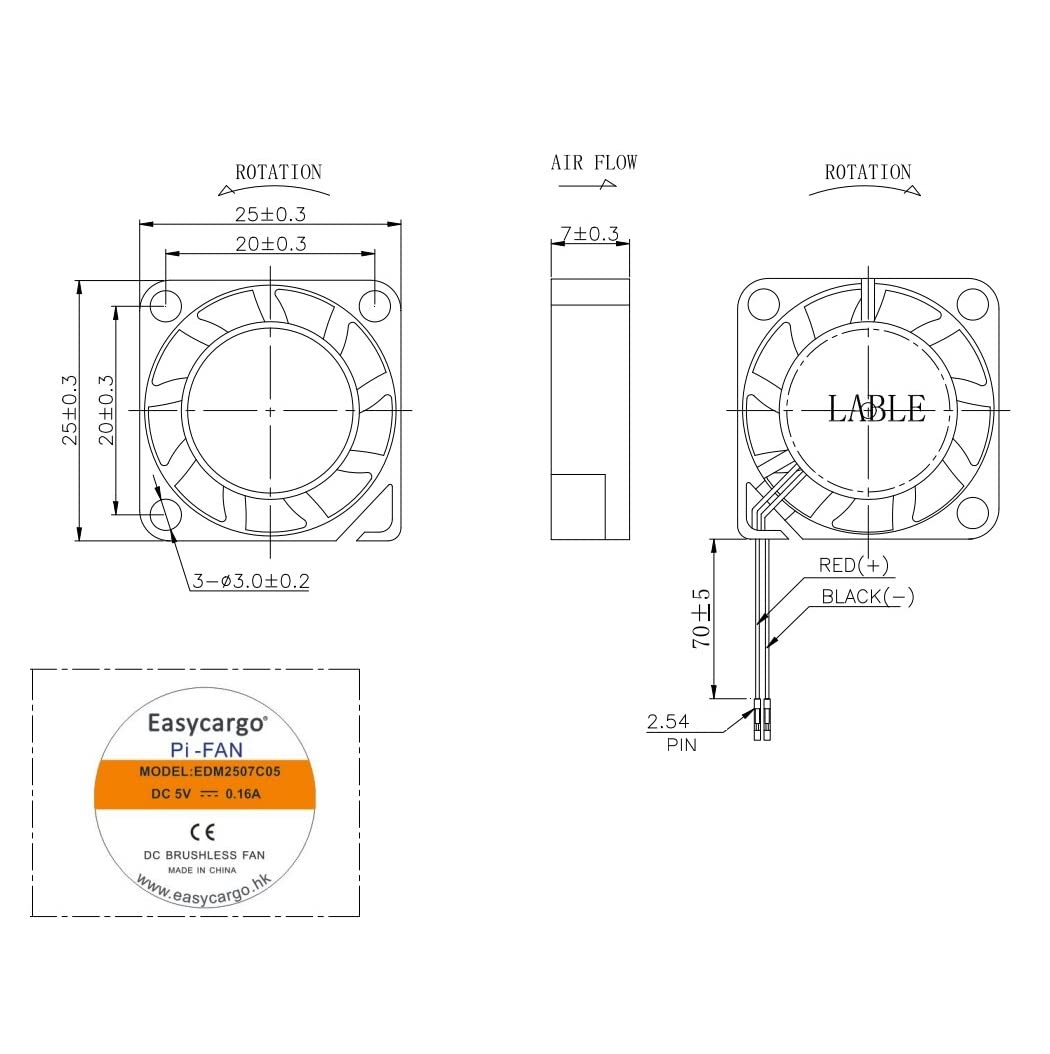 Easycargo 25Mm Fan 2507, Raspberry Pi 4 Fan 25Mmx25Mmx7Mm, Raspberry Pi Cooling Fan Brushless 3.3V 5V DC Quiet Fan for Raspberry Pi 4B, Pi 3B+ (25Mmx25Mmx7Mm) (Black 4-Set) image number 3