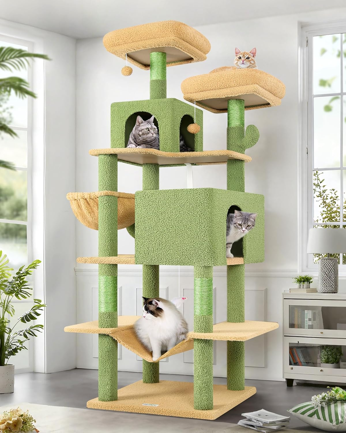 Globlazer F76 Cactus Cat Tree Tower 76-Inch Extra Tall Multi-Level Cat Furniture with Cozy Condos,Interactive Toys and Perches for Large Cats, Perfect for Climbing, Scratching, and Play, Green image number 4