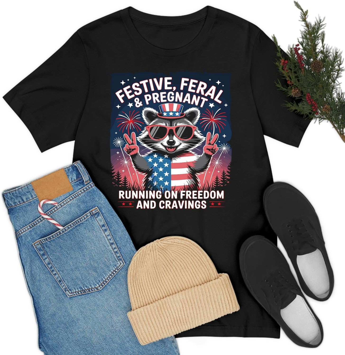 Festive Feral and Pregnant 4Th of July Pregnancy Announcement T-Shirt for Women