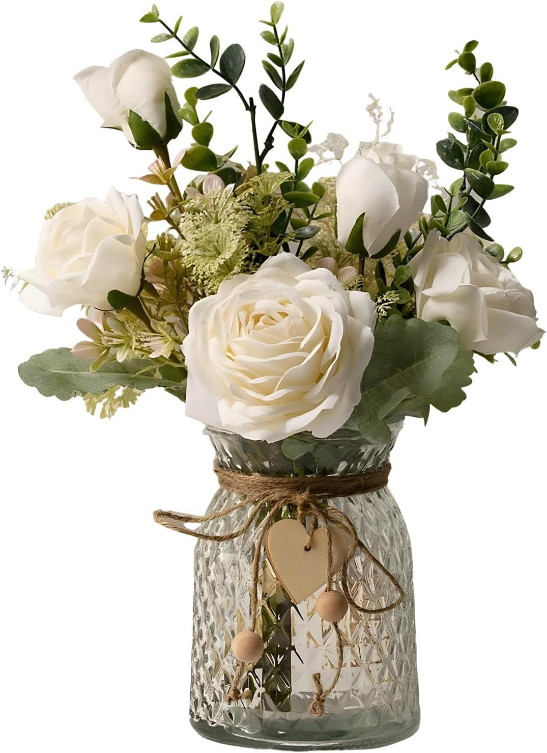 Artificial Flowers with Glass Vase Fake Flower Bouquet with Vase Faux Rose Arrangement for Home Office Dinner Bedroom Decor White