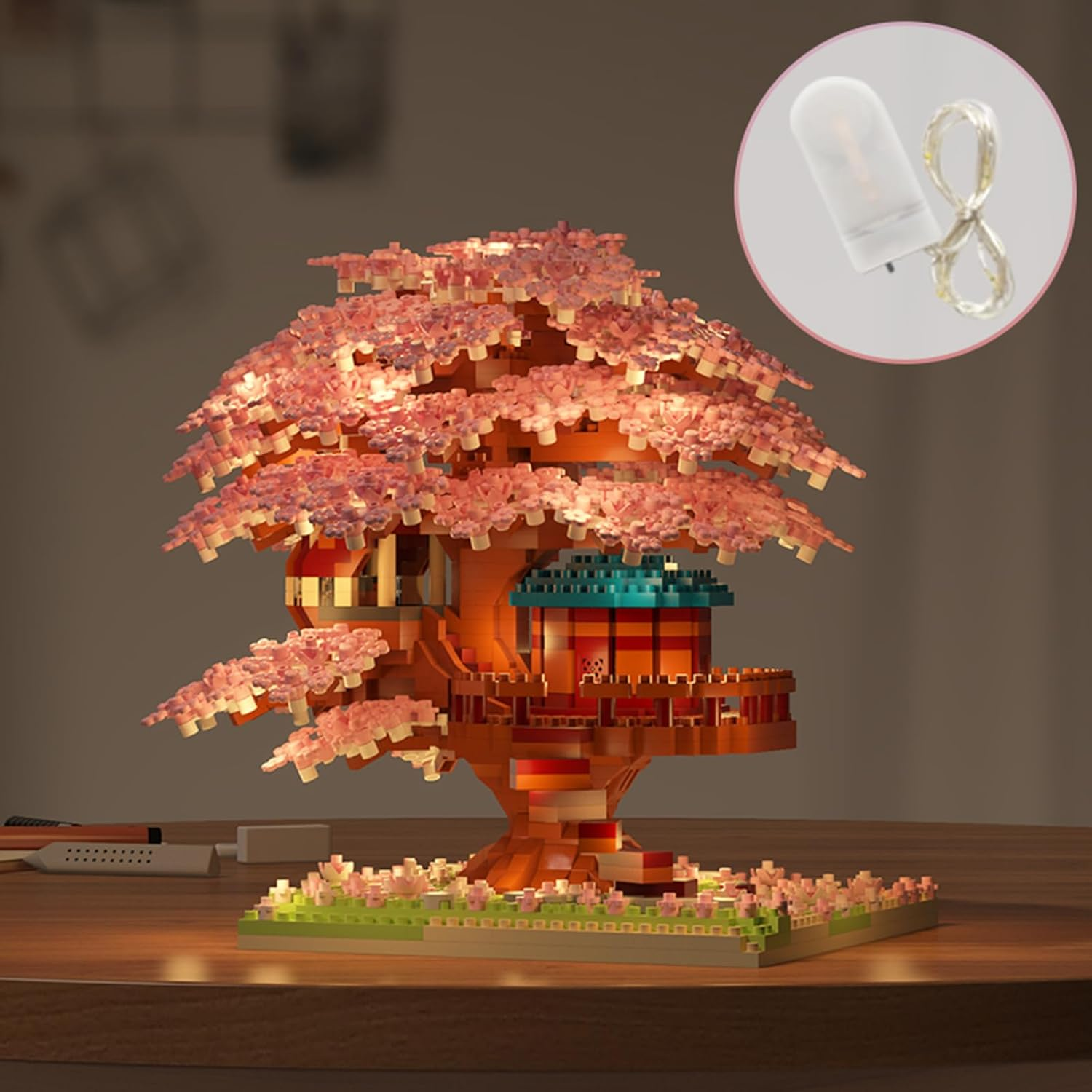 Pink Cherry Blossom Tree House Micro Blocks Model, Building Blocks Set with LED, Bricks Architecture Kit, Cherry Blossom Tree Building Set for Adults and 14+Kids(2151 Pieces) image number 1