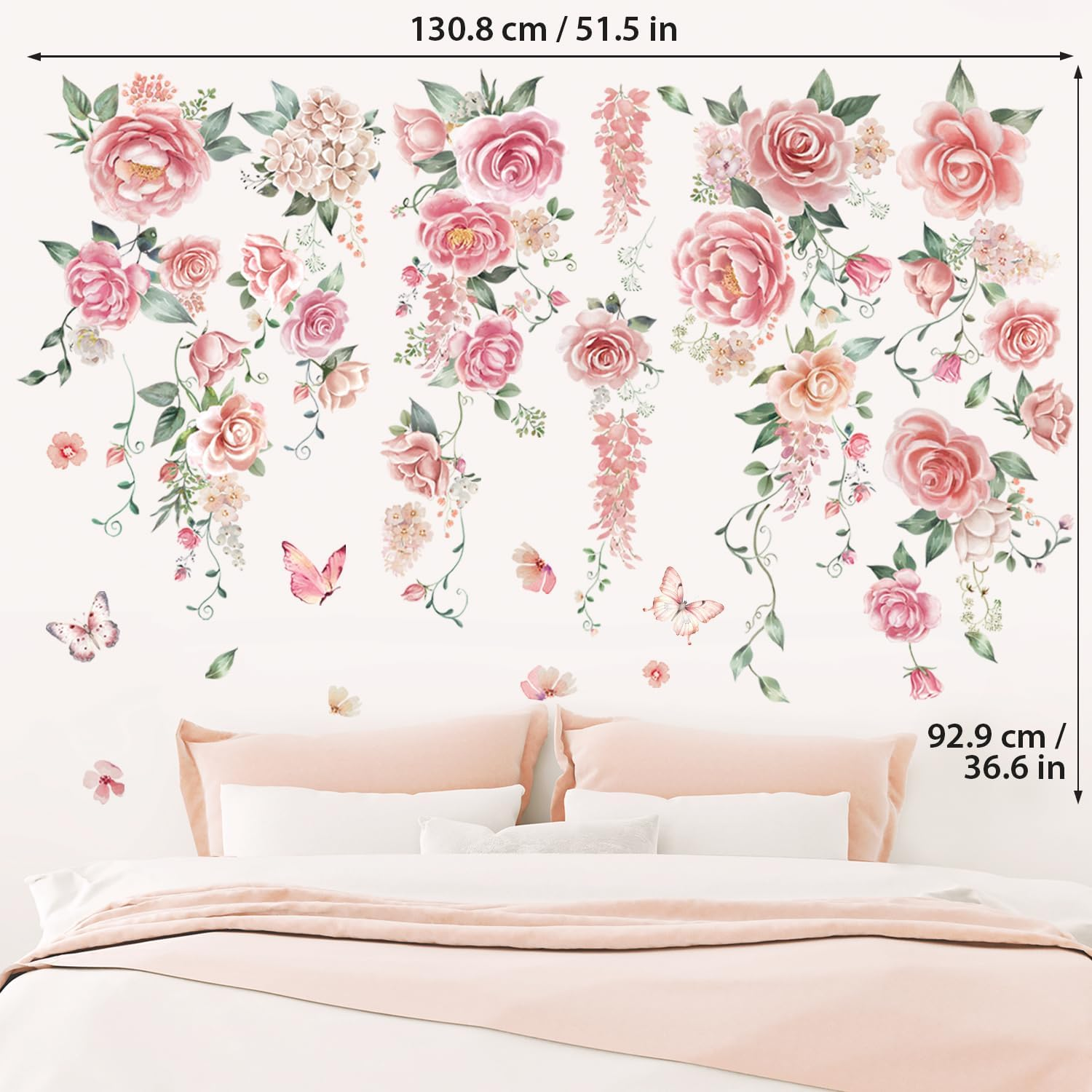 DECOWALL SG3-2428 Rose Vine Wall Stickers Room Decals Bedroom Living Flower D&eacute;cor Art Floral Pink Tv Decoration Butterfly Nursery Peel and Stick image number 2