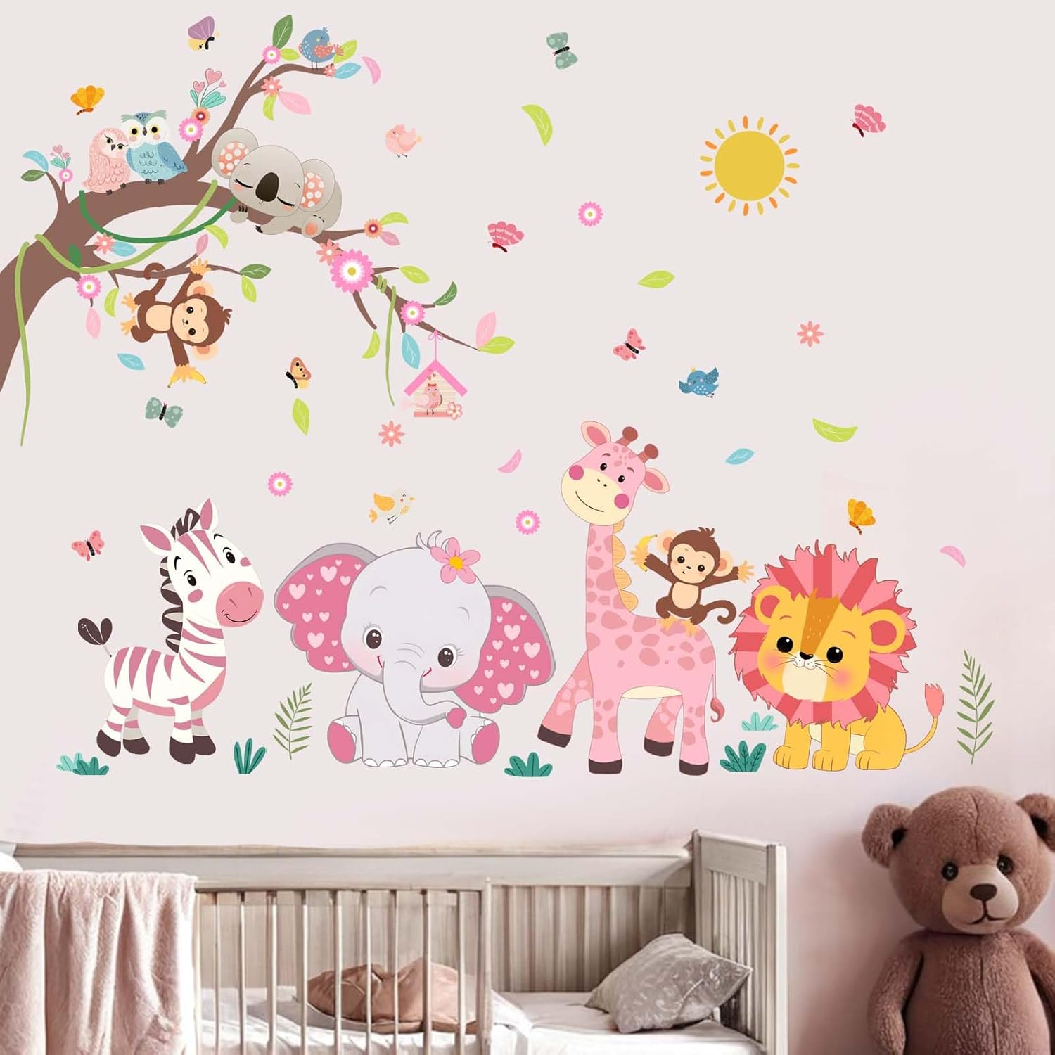Amimagen Pink Forest Baby Animals Wall Decals - Elephant Lion Giraffe Monkey Zebra Wall Stickers - Nursery Kids Girls Boys Room Daycare Playroom Classroom Wall Decor image number 1