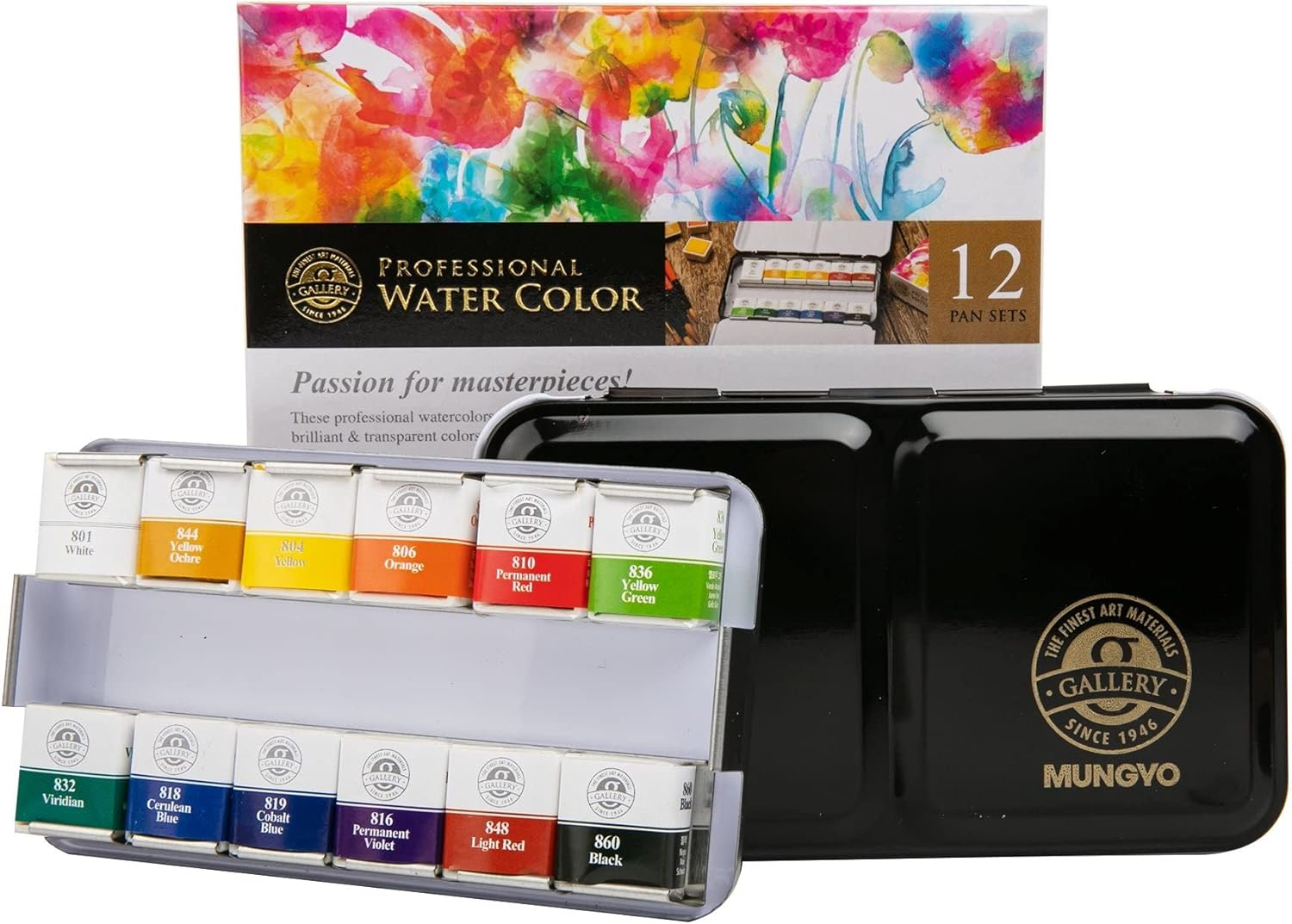 MUNGYO Sargent Art 32-6012 Artist Quality Professional Watercolor Set, Tin Case, Green,White, 12 Ct