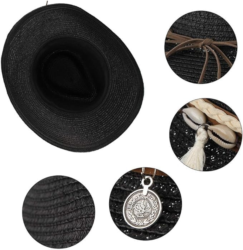 Women Men&rsquo;S Cowboy Hat Western Summer Straw Hat for Girls with Wide Brim & Shell Tassels Trendy Lady Beach Sun Hats image number 1