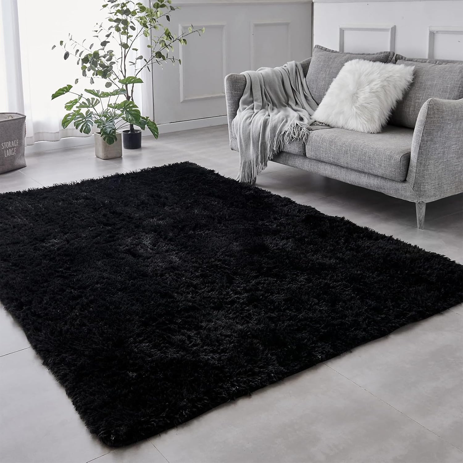 Shaggy Rugs for Bedroom Living Room, Super Soft Fluffy Fuzzy Area Rug for Kids Baby Nursery, Modern Indoor Plush Carpet for Home Decor, 4X5.2Ft Floor Furry Rugs for Children Dorm (Black, 120 * 160Cm)