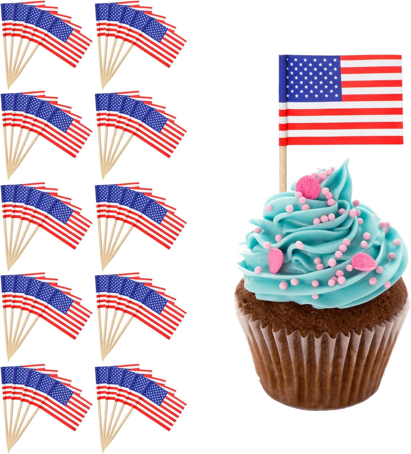4Th of July American Toothpick Flag,50Pcs Cupcake Toppers,Independence Day Patriotic Cake Decorations,Memorial Day image number 2