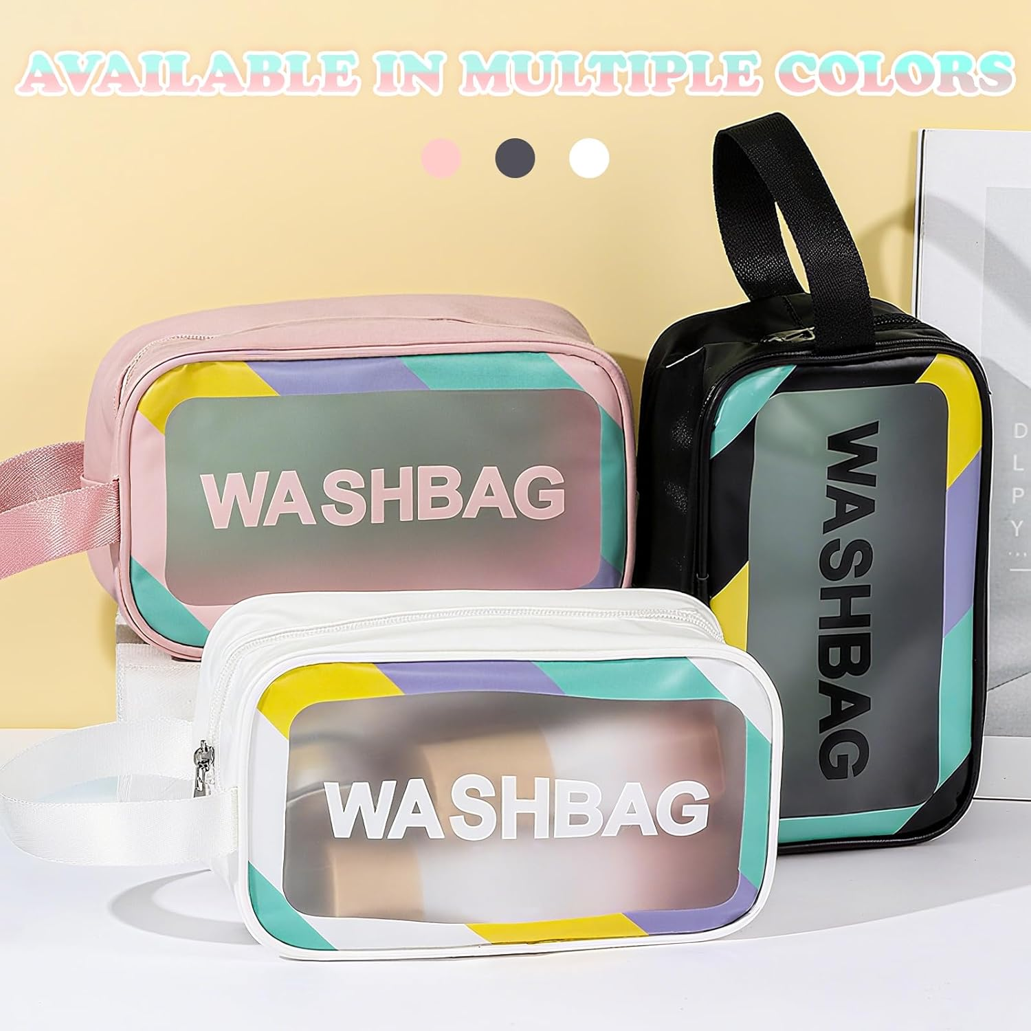 Waytiffer Travel Toiletry Bag for Women and Men（22 X 13.5 X 7Cm）, Translucent Waterproof Toiletry Travel Bag with Handle, Small Makeup Organizer, Cosmetic Bathroom Bag for Travel, Gym Shower (White) - Pink image number 7