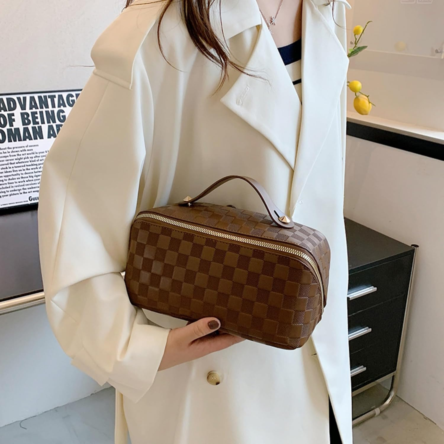 Portable Makeup Bag,Jovala Large Capacity Travel Cosmetic Bag Checkered PU Leather Women'S Holiday Multifunctional Makeup Bag Washable,With Handle and Divider (Brown) - Black image number 3