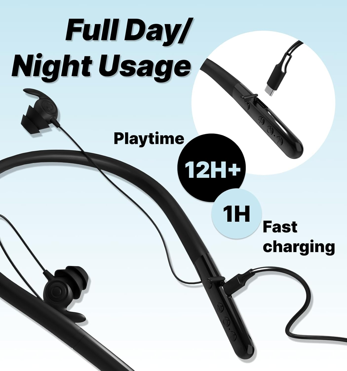 Hmusic HS88 Sleep Earphones, Flat Thin Soft Silicone Earbuds for Side Sleepers, 30Db Noise Cancelling Bluetooth Neckband Sleep Headphones for Travel, Audio Book, Meditate, Black image number 6